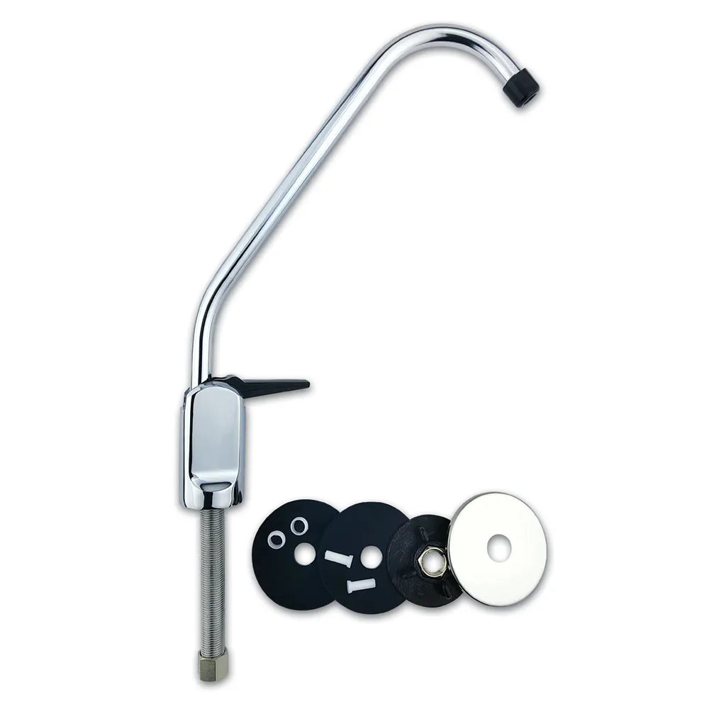 Stainless steel filtered water faucet installed at the sink for dispensing purified drinking water from the L8 water filter system.