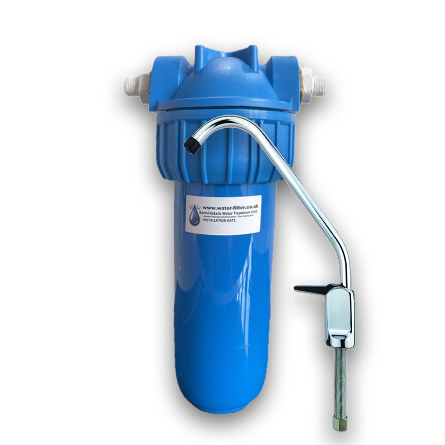 Complete L8 medium usage water filter system including carbon cartridge, filter housing, drinking water fountain tap and fitting kit for clean bottled-quality tap water.