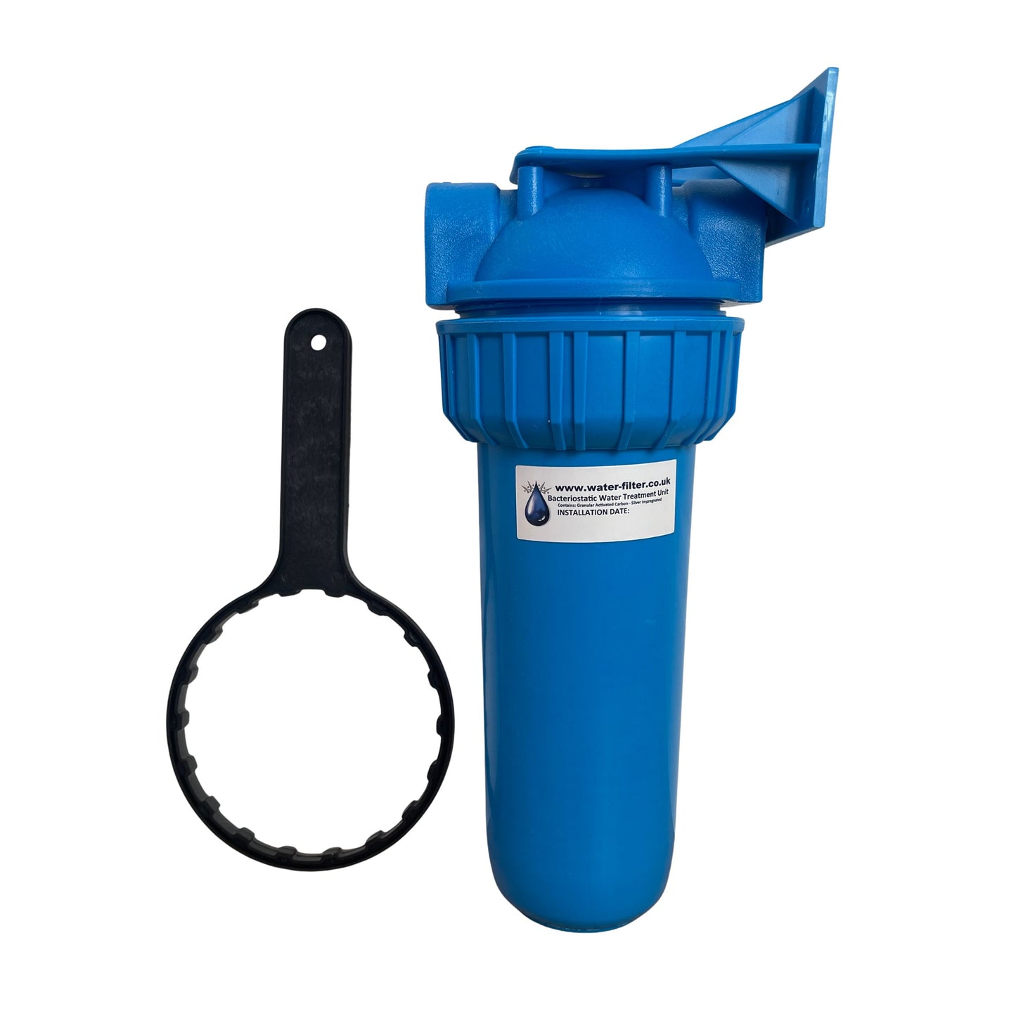 L8 water filter housing with medium usage activated carbon cartridge designed to remove chlorine and improve tap water taste.